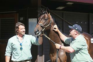Waikato Stud's Mark Chittick and Dave O'Leary with Lot 1097. Photo: Trish Dunell.